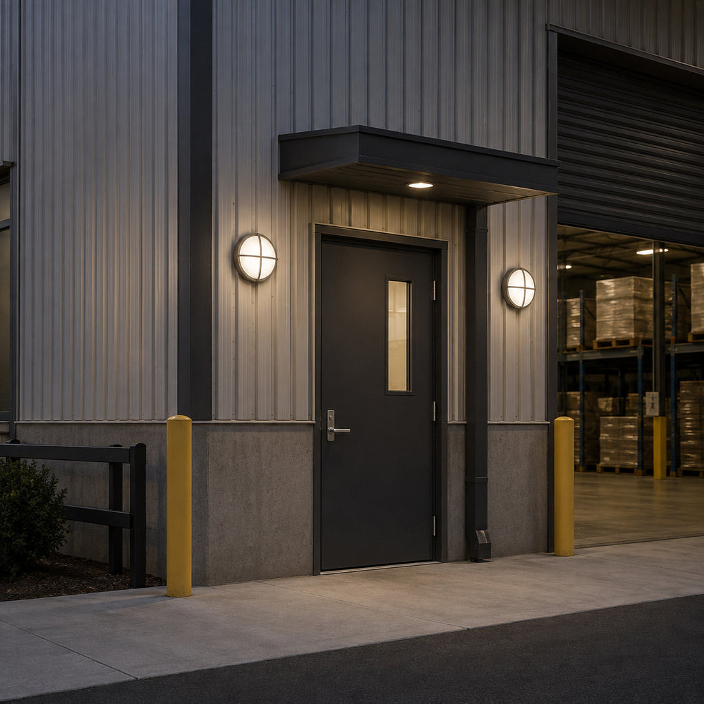 LED Round Bulk Head Light With Cross Trim - Wall or Ceiling Mount – Wet Location - Watt Selectable 60W/48W/36W - Color Selectable 30K/40K/50K - 120/277V - Bronze Finish - Integrated Photocell Included