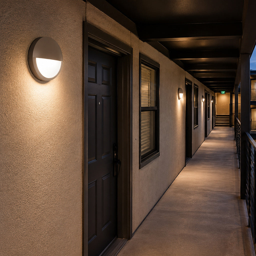 LED Round Bulk Head Light With Eyelid Cover - Glass Lens - Wall or Ceiling Mount – Wet Location - Watt Selectable 15W/12W/9W - Color Selectable 30K/40K/50K - 120/277V - Bronze Finish - Integrated Photocell Included