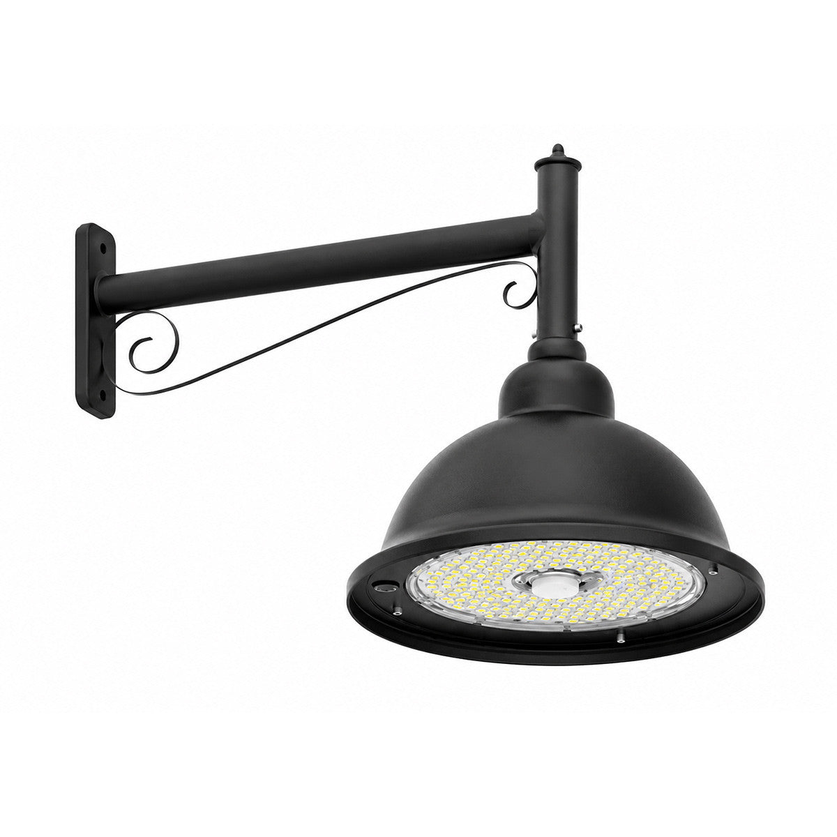 LED Designer Bell Post Light - 16 Inch Diameter - Watt Selectable 100/80/50W - 110-277V - Color Temperature Selectable 30/40/50K - Dimmable - Black Finish - With Decorative Straight Arm Pole Bracket - Photocell Included