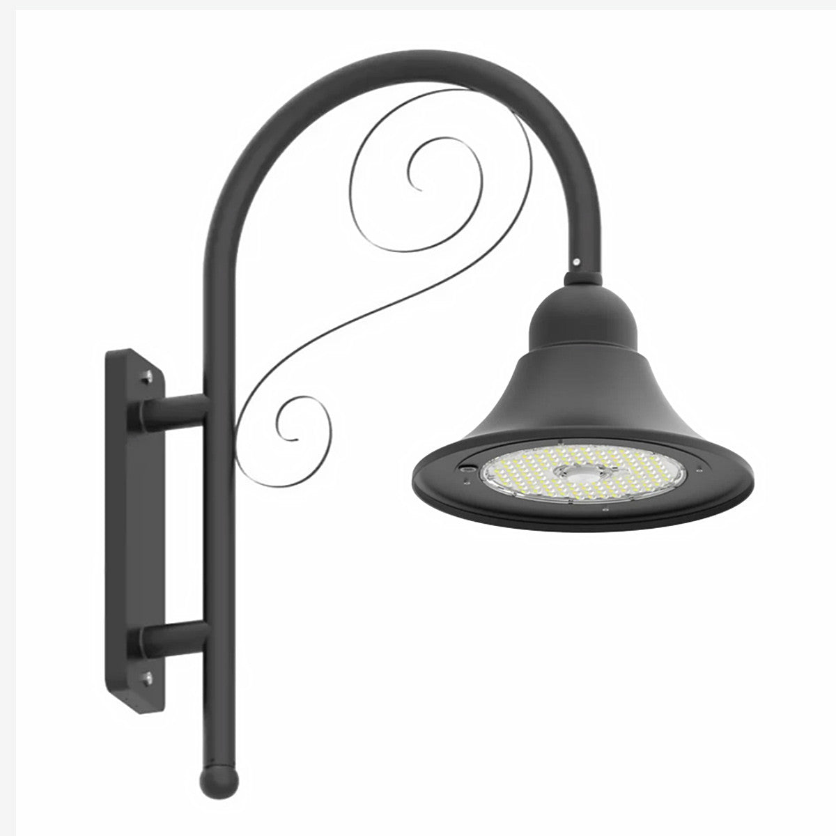 LED Designer Bell Post Light - 23 Inch Diameter - Watt Selectable 150/100/80W - 110-277V - Color Temperature Selectable 30/40/50K - Dimmable - Black Finish - With Bent Decorative Wall Bracket - Photocell Included