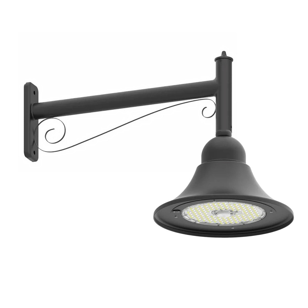LED Designer Bell Post Light - 23 Inch Diameter - Watt Selectable 150/100/80W - 110-277V - Color Temperature Selectable 30/40/50K - Dimmable - Black Finish - With Decorative Straight Arm Pole Bracket - Photocell Included