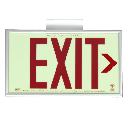 DPL Photoluminescent Exit Sign, Poly Metal, N/A, Mounting Type: Wall Mount;Ceiling Mount, Number of Faces: single-face, Letter Color: Red, Housing Finish: Polished Aluminum Finish, Environmental Conditions: Indoor use only, Wording On Sign:EXIT.