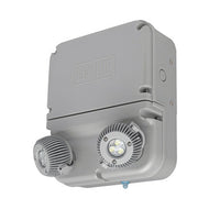 Industrial LED Exit and Emergency, 2 Lamp Heads, Wall Mount, 120/277V 12W, Gray Housing, Lithium Iron Phosphate Battery, UL 924, NEMA 4, 4X, UL Sanitation, UL 844