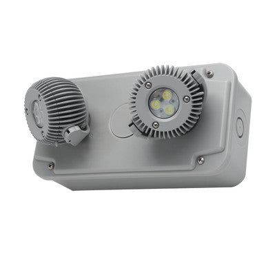 Industrial LED Exit and Emergency, 2 Lamp Heads, Wall Mount, 120/277V 6W, Gray Housing, Lithium Iron Phosphate Battery