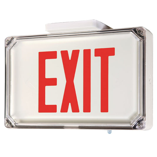 Die-cast aluminum NEMA 4X exit sign, single face, red letters, white finish, AC only