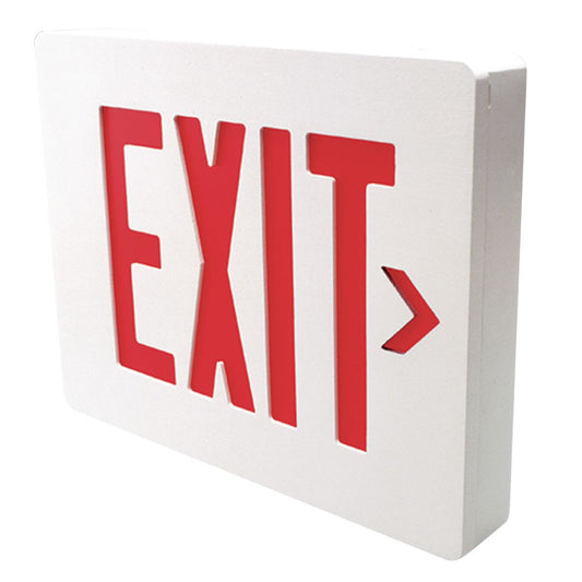 Die-cast aluminum exit sign, single face, red letters, white finish, AC only