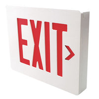 LED Exit and Emergency, Red, Dual Face, Universal Mount, 120V, 220-240V, 3.8W, White Housing, Emergency Operation, Self-Diagnostic