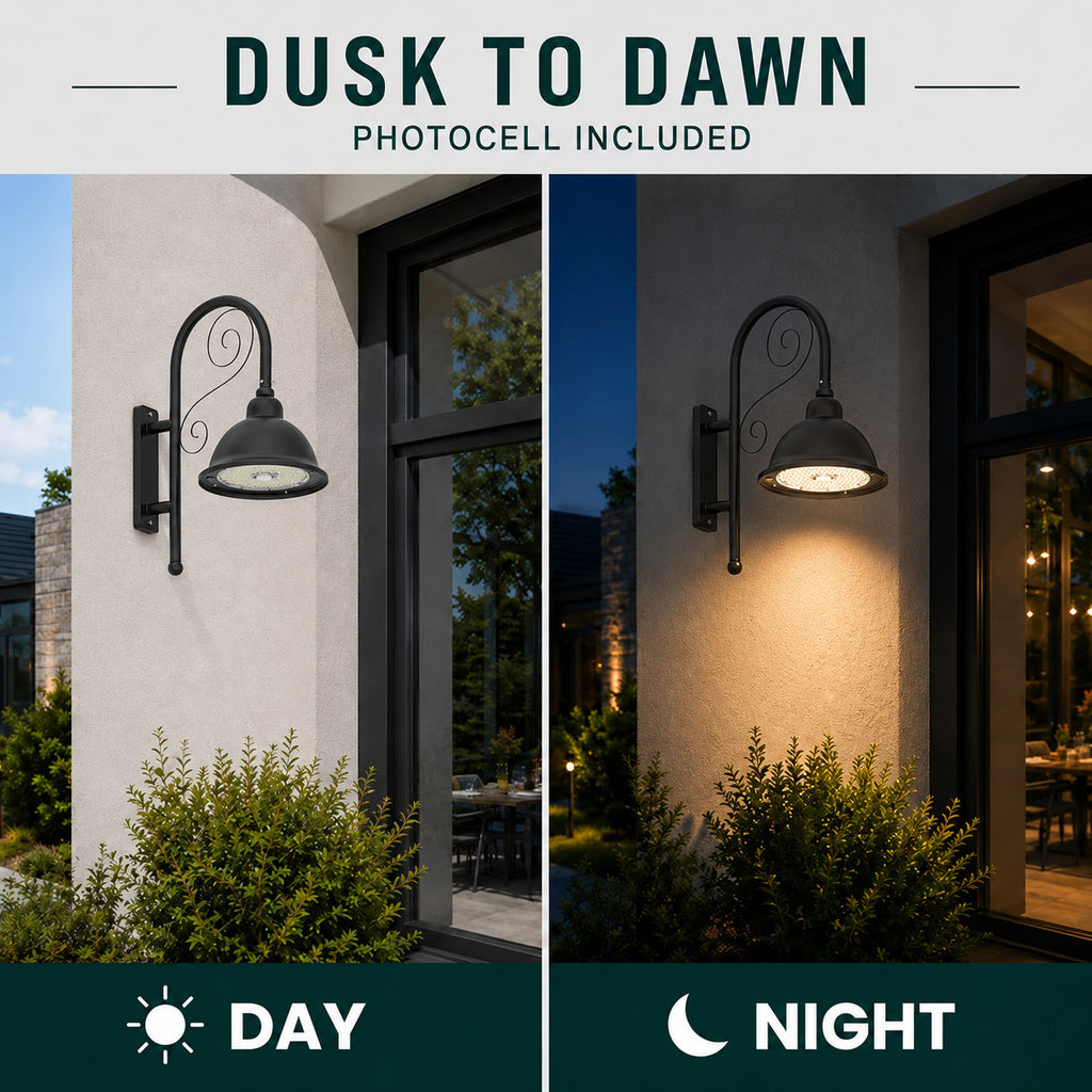 LED Designer Bell Post Light - 16 Inch Diameter - Watt Selectable 100/80/50W - 110-277V - Color Temperature Selectable 30/40/50K - Dimmable - Black Finish - With Bent Decorative Wall Bracket - Photocell Included