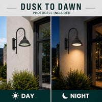 LED Designer Bell Post Light - 16 Inch Diameter - Watt Selectable 100/80/50W - 110-277V - Color Temperature Selectable 30/40/50K - Dimmable - Black Finish - With Bent Decorative Wall Bracket - Photocell Included