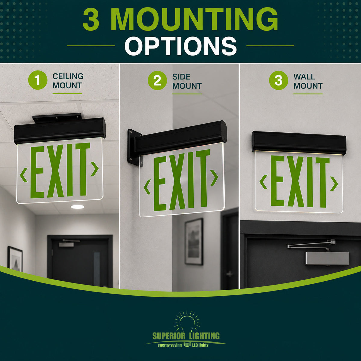 LED Edgelit Exit Sign- Surface Mount White Aluminum Canopy with Clear Panel and Green Lettering - With Battery Back-Up