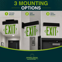 LED Edgelit Exit Sign- Surface Mount White Aluminum Canopy with Clear Panel and Green Lettering - With Battery Back-Up