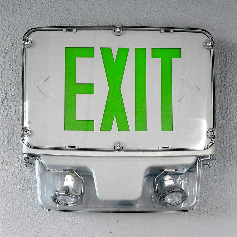 Hazardous Location LED Combo Exit Sign Light - Double Face - Gray Housing Color with Green Lettering - 120-277V