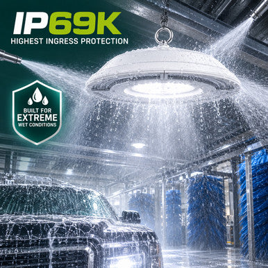 IP69K High Bay LED Light - Waterproof - Watt Selectable 200W/150W/100W - Max 30000 Lumens - Color Selectable 40K/50K - 120-277V - White Finish