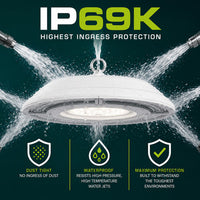 IP69K High Bay LED Light - Waterproof - Watt Selectable 200W/150W/100W - Max 30000 Lumens - Color Selectable 40K/50K - 347-480V - White Finish