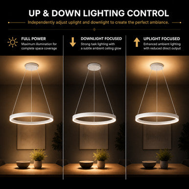 LED Halo Pendant With Up/Down Lights - Suspended Indoor Pendant Fixtures - Multiple Size and Finish Options