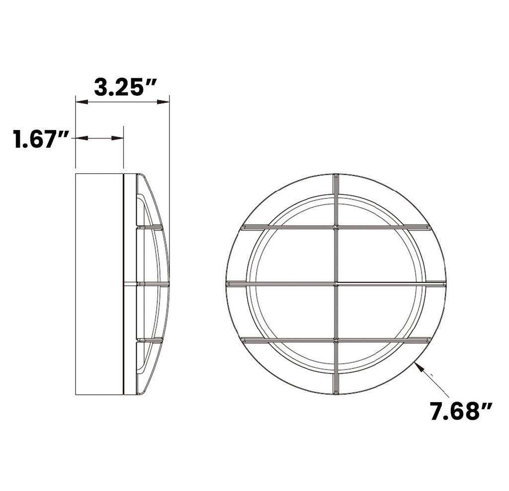 LED Round Bulk Head Light With Grid Cage - Glass Lens - Wall or Ceiling Mount – Wet Location - Watt Selectable 15W/12W/9W - Color Selectable 30K/40K/50K - 120/277V - Black Finish - Integrated Photocell Included