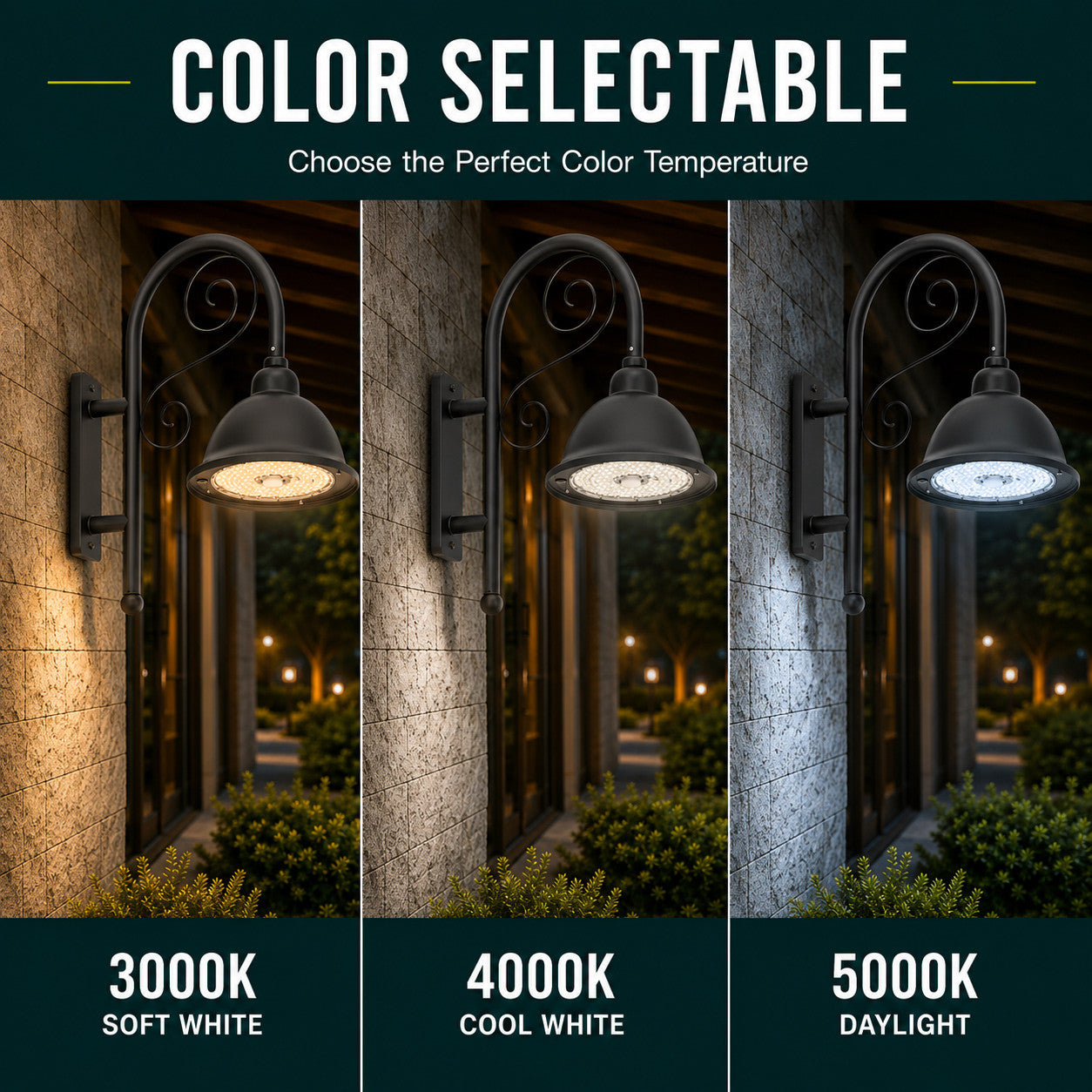 LED Designer Bell Post Light - 16 Inch Diameter - Watt Selectable 100/80/50W - 110-277V - Color Temperature Selectable 30/40/50K - Dimmable - Black Finish - With Bent Decorative Wall Bracket - Photocell Included