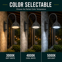 LED Designer Bell Post Light - 16 Inch Diameter - Watt Selectable 100/80/50W - 110-277V - Color Temperature Selectable 30/40/50K - Dimmable - Black Finish - With Bent Decorative Wall Bracket - Photocell Included