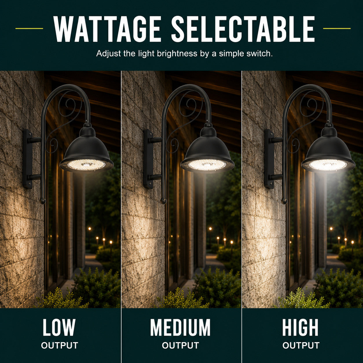 LED Designer Bell Post Light - 16 Inch Diameter - Watt Selectable 100/80/50W - 110-277V - Color Temperature Selectable 30/40/50K - Dimmable - Black Finish - With Bent Decorative Wall Bracket - Photocell Included