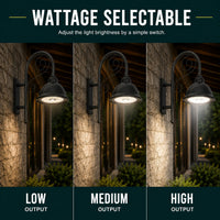 LED Designer Bell Post Light - 16 Inch Diameter - Watt Selectable 100/80/50W - 110-277V - Color Temperature Selectable 30/40/50K - Dimmable - Black Finish - With Bent Decorative Wall Bracket - Photocell Included