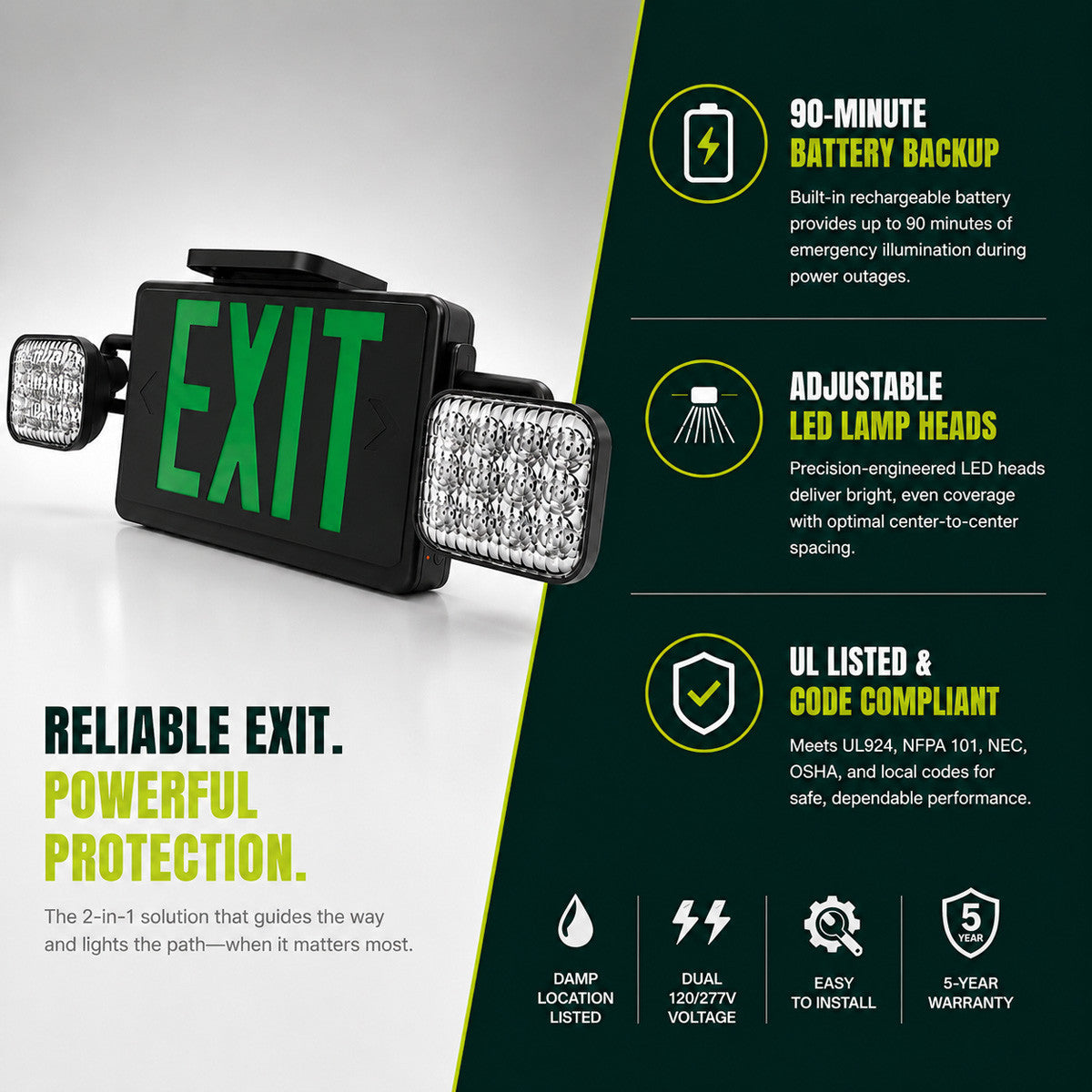 Combo LED Exit Sign And Emergency Light - Black Housing Color with Green Lettering - With 90 Minute Battery Back-Up