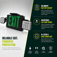 Combo LED Exit Sign And Emergency Light - Black Housing Color with Green Lettering - With 90 Minute Battery Back-Up