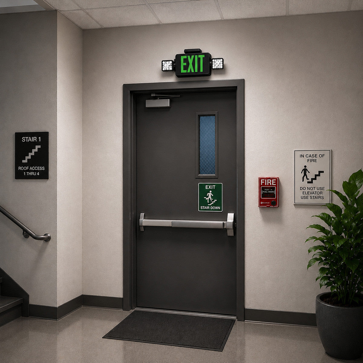 Combo LED Exit Sign And Emergency Light - Black Housing Color with Green Lettering - With 90 Minute Battery Back-Up
