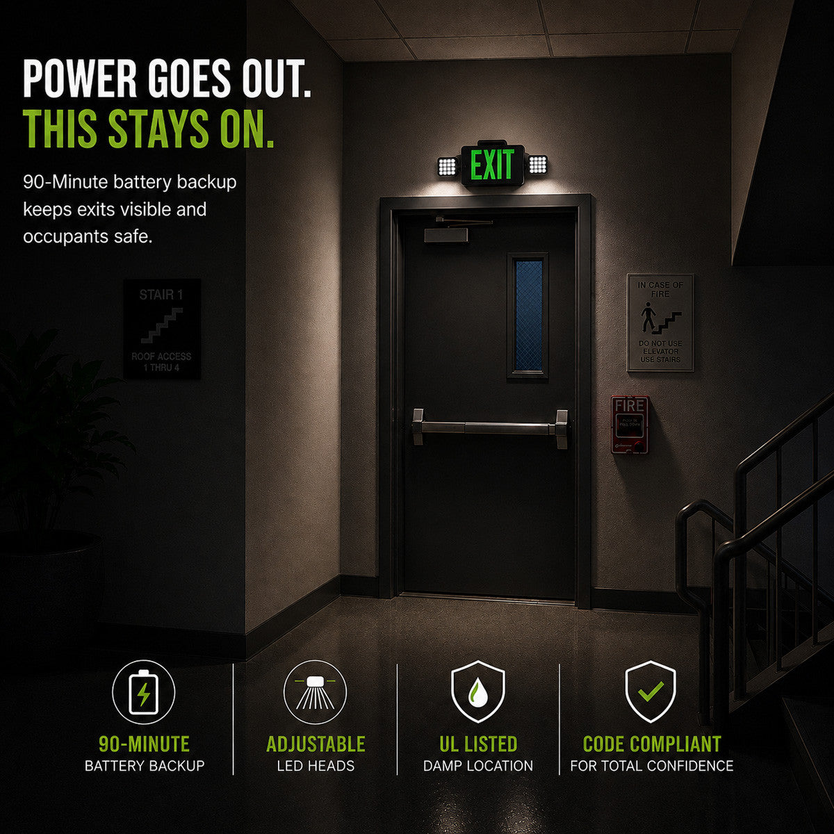 Combo LED Exit Sign And Emergency Light - Black Housing Color with Green Lettering - With 90 Minute Battery Back-Up
