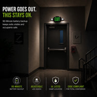 Combo LED Exit Sign And Emergency Light - Black Housing Color with Green Lettering - With 90 Minute Battery Back-Up