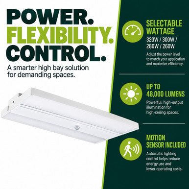 Linear High Bay LED Light - 1ft. x 2ft. - 320W/300W/280W/260W - 48000 Max Lumens - 5000K Daylight - 120-277V - Dimmable - With Motion Sensor