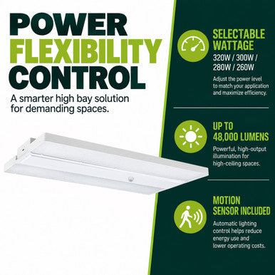 Linear High Bay LED Light - 1ft. x 2ft. - 320W/300W/280W/260W - 48000 Max Lumens - 5000K Daylight - 120-277V - Dimmable - With Motion Sensor