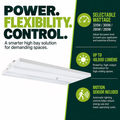 Linear High Bay LED Light - 1ft. x 2ft. - 320W/300W/280W/260W - 48000 Max Lumens - 5000K Daylight - 120-277V - Dimmable - With Motion Sensor