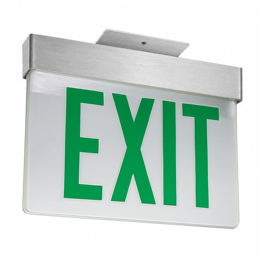 Lithonia  Aluminum Edge-Lit Exit Sign, Single face, Green with mirror separator, Dual voltage, No Battery,  Top mount to Jbox Only - Rough-In Housing Not Included