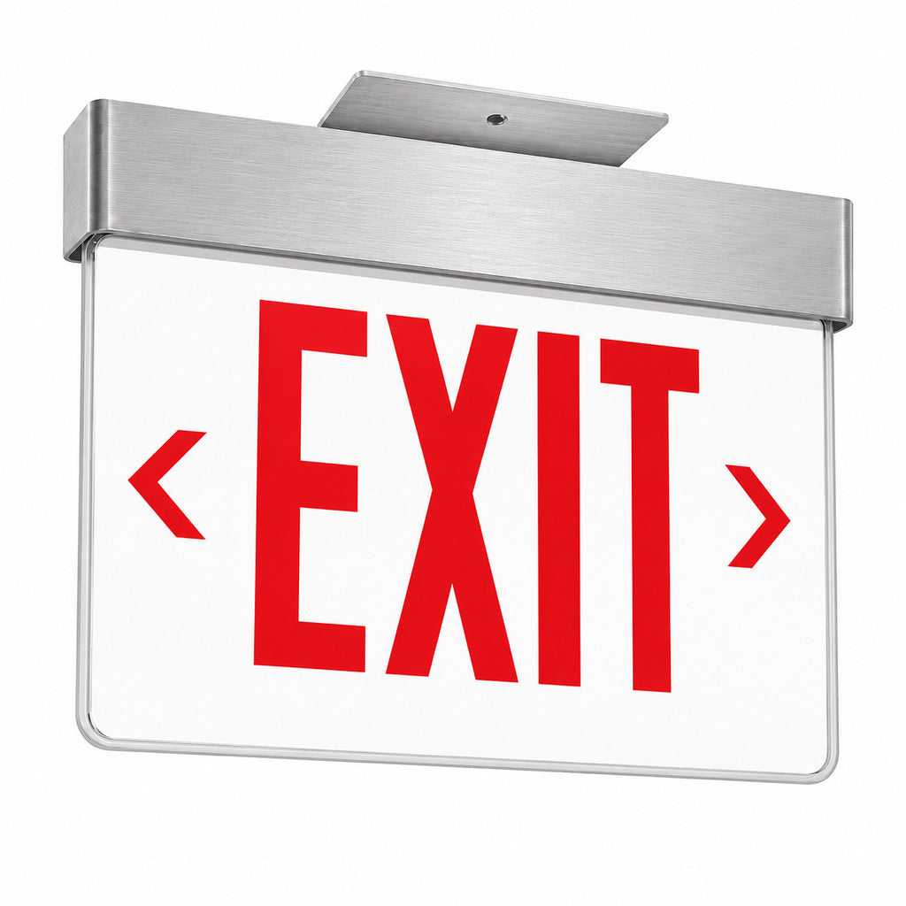 Lithonia  Aluminum Edge-Lit Exit Sign, Single face, Red on clear, Dual voltage, No Battery, Top mount to Jbox Only - Rough-In Housing Not Included