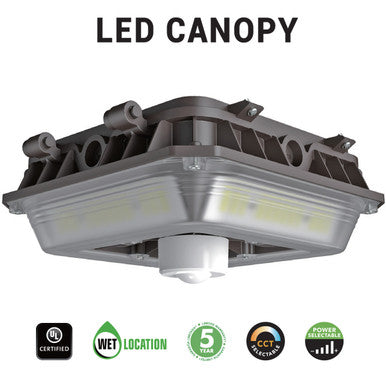 LED Wide Beam Canopy Light - Multi Watt Selectable 70/56/42/28W - 10500 Max Lumens - 120-277V - Color Temperature Selectable 30K/40K/50K - With PIR Motion Sensor - Bronze Finish