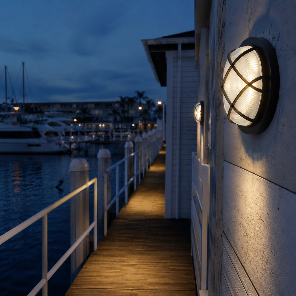 LED Round Bulk Head Light With Diamond Cage - Glass Lens - Wall or Ceiling Mount – Wet Location - Watt Selectable 15W/12W/9W - Color Selectable 30K/40K/50K - 120/277V - Black Finish - Integrated Photocell Included
