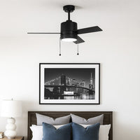 52 Inch Black Finish Plywood 3-Blade Ceiling Fan & Light - 120V - 20W - Color Selectable 30K/40K/50K  - With Pull Chain Switch