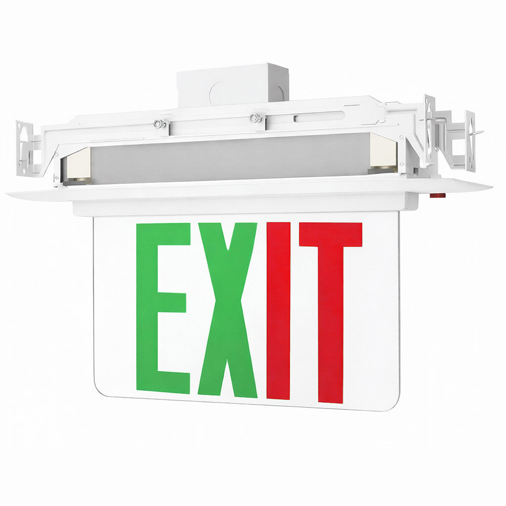 Plastic Edge Lit LED Exit Sign Recessed Mount - White Trim Plate with Mirror Panel - Red/Green Selectable Lettering