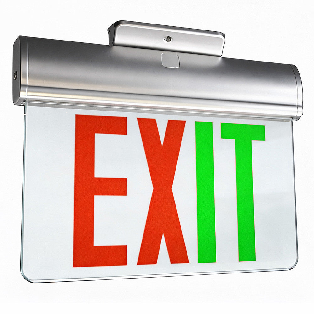LED Edge Lit Exit Sign -  Top, Back or End Surface Mount - Plastic - Silver Housing with Mirror Panel - Red/Green Selectable Lettering