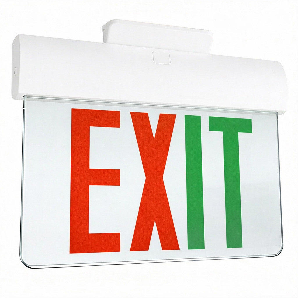 Plastic Edge Lit LED Exit Sign Surface Mount - White Housing with Mirror Panel - Red/Green Selectable Lettering
