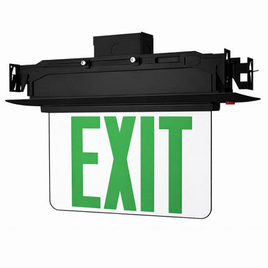 Plastic Edge Lit LED Exit Sign Recessed Mount - Black Trim Plate with Mirror Panel - Red/Green Selectable Lettering