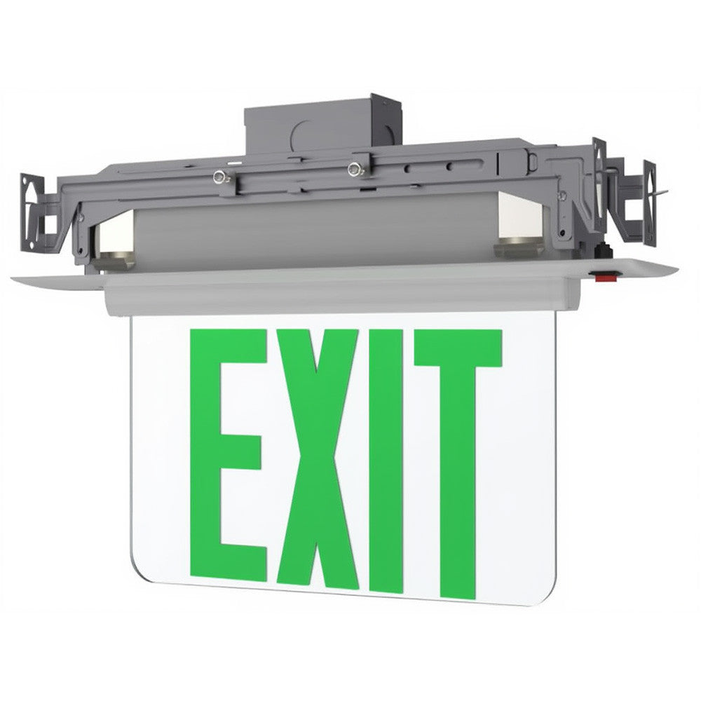 Plastic Edge Lit LED Exit Sign Recessed Mount - Silver Trim Plate with Mirror Panel - Red/Green Selectable Lettering