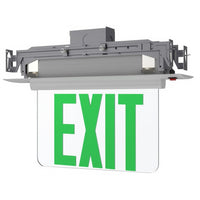 Plastic Edge Lit LED Exit Sign Recessed Mount - Silver Trim Plate with Mirror Panel - Red/Green Selectable Lettering