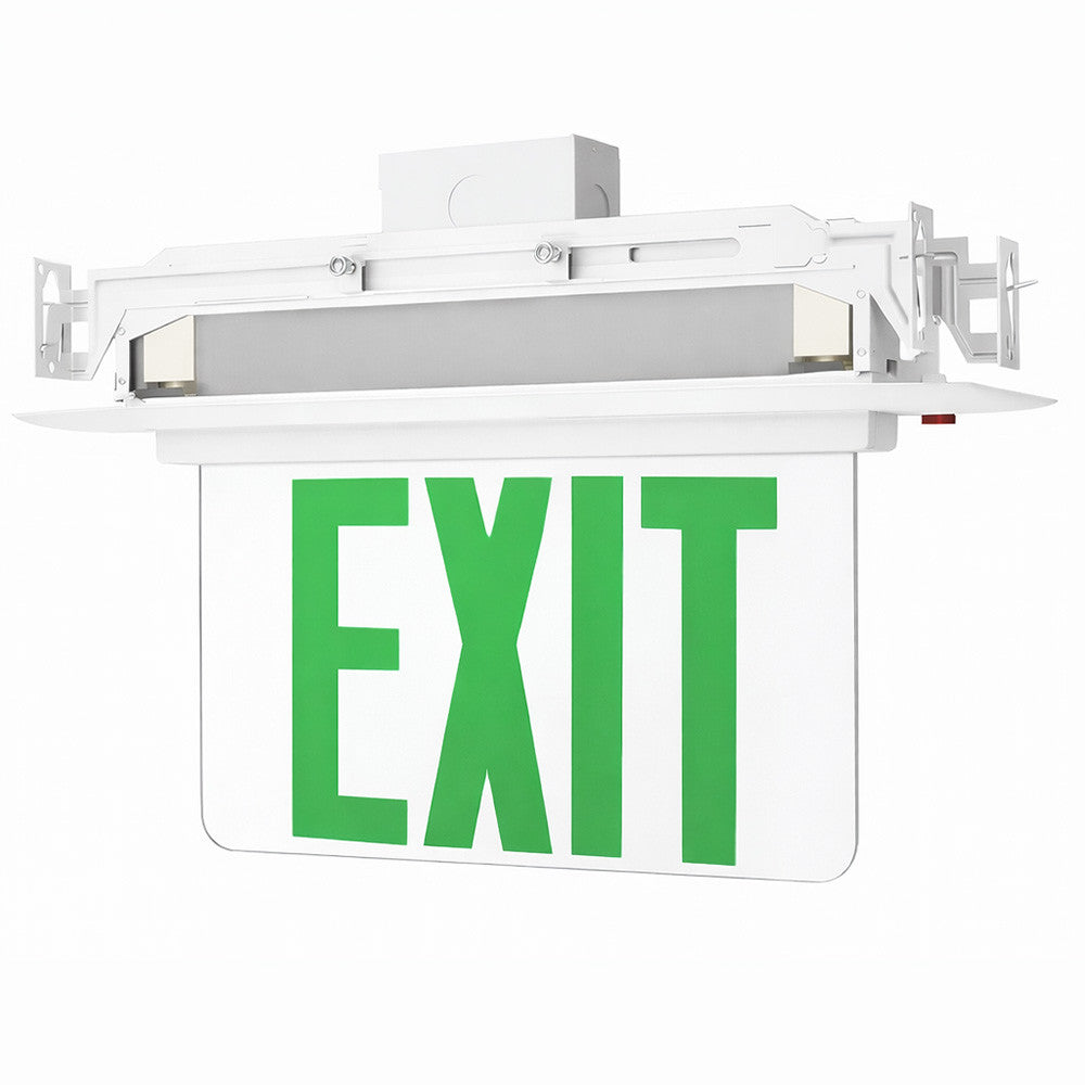 Plastic Edge Lit LED Exit Sign Recessed Mount - White Trim Plate with Mirror Panel - Red/Green Selectable Lettering