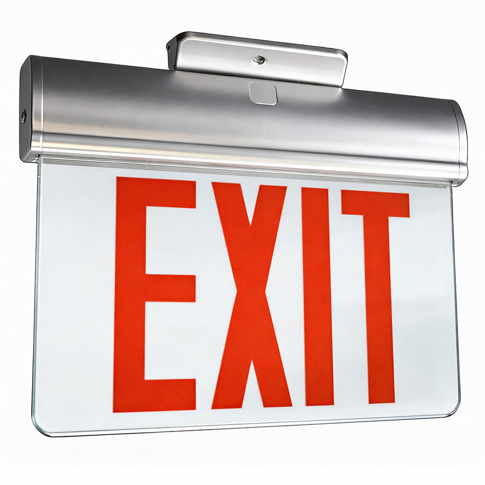 LED Edge Lit Exit Sign -  Top, Back or End Surface Mount - Plastic - Silver Housing with Mirror Panel - Red/Green Selectable Lettering