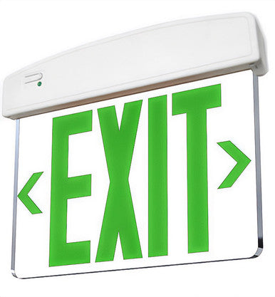 LED Plastic Edge Lit Exit Sign - White Canopy Surface Mount with Green Lettering - With Battery Back-Up