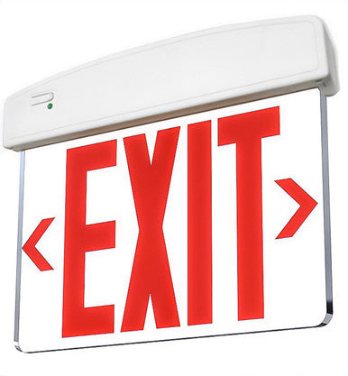 LED Plastic Edge Lit Exit Sign - White Canopy Surface Mount with Clear Panel and Red Lettering - With Battery Back-Up