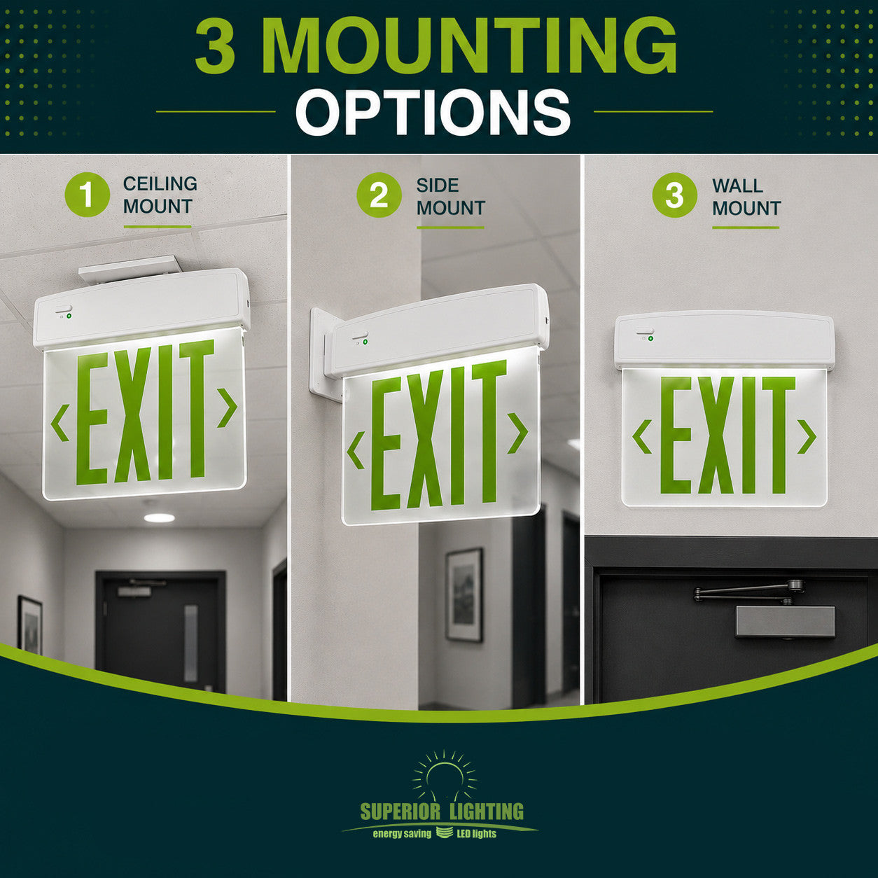 LED Plastic Edge Lit Exit Sign - Black Canopy Surface Mount with Mirror Panel and Green Lettering - With Battery Back-Up