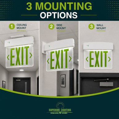 LED Plastic Edge Lit Exit Sign - White Canopy Surface Mount with Green Lettering - With Battery Back-Up