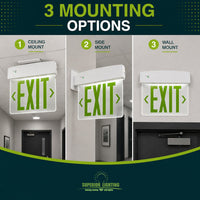 LED Plastic Edge Lit Exit Sign - White Canopy Surface Mount with Green Lettering - With Battery Back-Up
